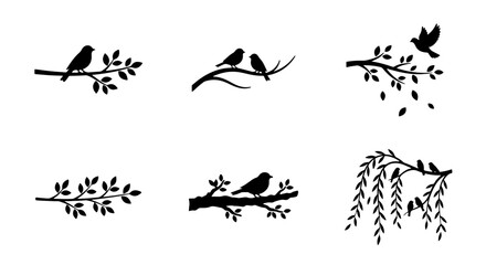 Fototapeta premium Bird Silhouettes on Branches, Nature Vector Elements, Delicate Wildlife Art, Spring Season Collection
