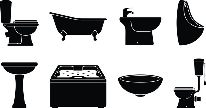 Black silhouette bathroom fixtures icon set featuring toilet, bathtub, sink, and urinal isolated on white background.