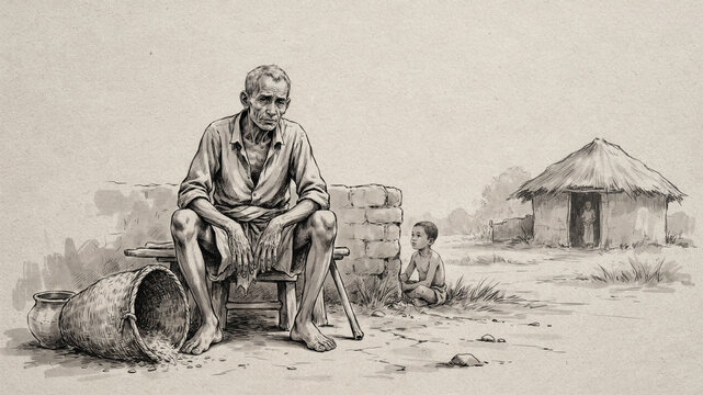 Historical pencil sketch illustration depicting a villager outdoors with old man