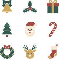 Fototapeta premium Christmas holiday icon collection with festive bell gifts tree and stocking