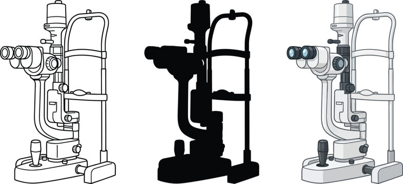 Ophthalmic slit lamp vector set, professional eye exam equipment icons, medical optometry diagnostic tools in line and silhouette styles