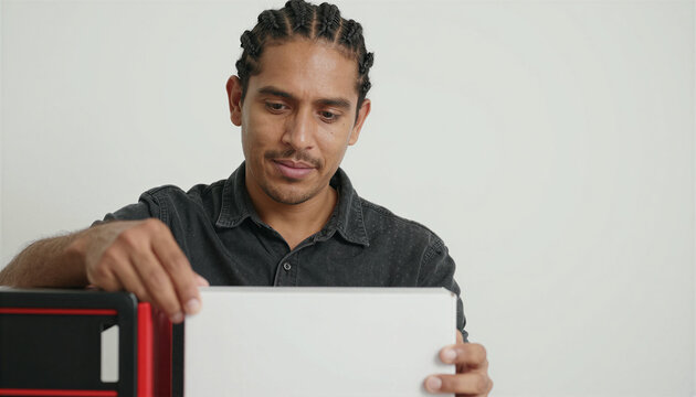 Young man with braided hair looking at white box on light background