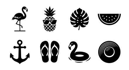 Fototapeta premium Summer Icons Set: Flamingo, Pineapple, Anchor, Flip Flops, Watermelon, Leaf, Beach Ball