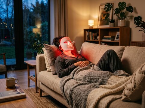 Person Wearing A Red Light Therapy Mask For Skin Rejuvenation And Wellness