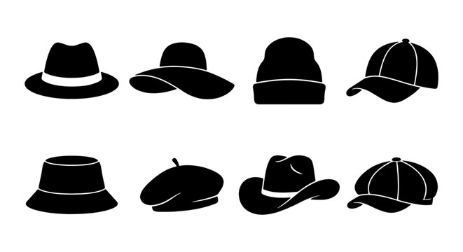 Diverse Hat Collection Vector Icons, Headwear Fashion Silhouettes, Caps, Beanies, Fedoras, Sun Hats, Berets, Cowboy Hats, Bucket Hats, Graphic Elements