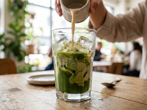 Pouring Creamy Oat Milk Into A Vibrant Green Matcha Latte For A Refreshing Drink