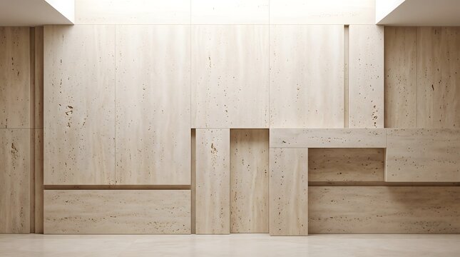 Contemporary beige stone cladding with modular geometric panels and recessed niches for sophisticated interior design and architectural wall features.
