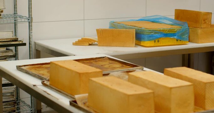 rectangular golden-brown loaves and stack of sliced pieces staged on stainless steel prep tables in industrial bakery, with bakery, bread, loaf, tray detail, with