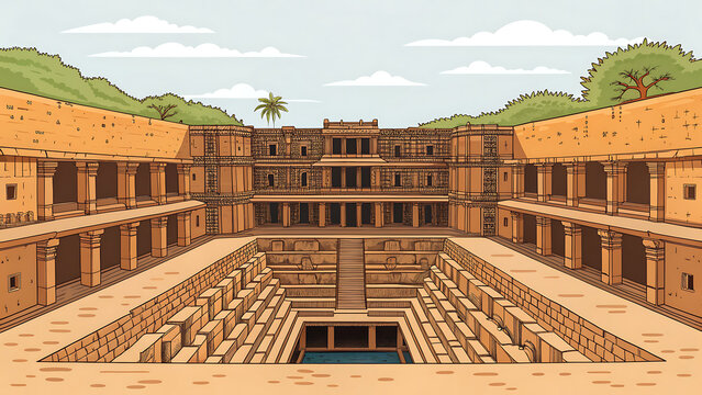 Rani ki Vav stepwell in Gujarat, magnificent symmetrical underground stepwell architecture, geometric stone patterns, warm earthy colors