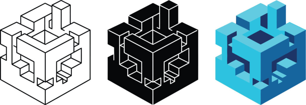 Isometric 3D cube icons set, abstract geometric block logo vectors, blue and black architectural square symbols for tech branding