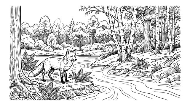 Hand Drawn Black and White Line Art Illustration of a Wild Fox Standing by a River in the Forest, Woodland Coloring Page