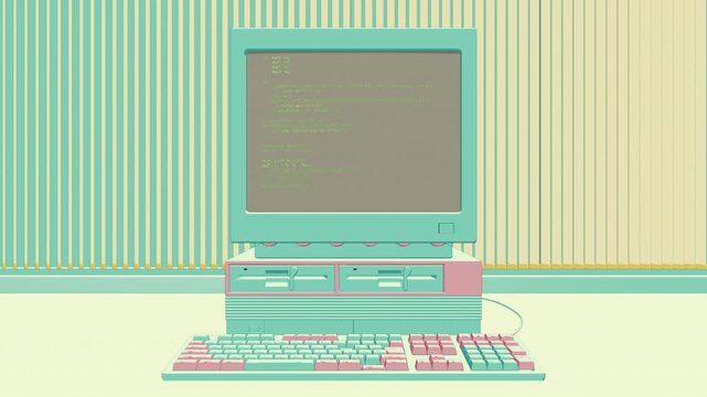 レトロPCとキーボードのアニメーション　パステルポップカラー　架空のコード表示　正面視点　ループ