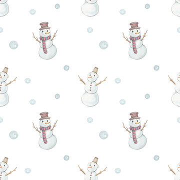 Watercolor seamless pattern with snowmen and snowballs. Hand-drawn print with cute snowman characters. Illustration for children's Christmas design. Wallpaper, background, wrapping paper.