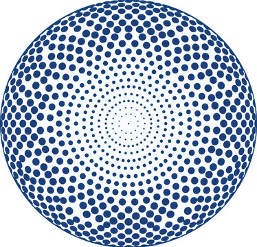Halftone sphere vector icon, blue dotted globe design element, circular stipple pattern for tech branding and modern logos