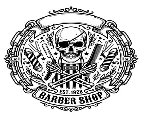 Fototapeta premium Vintage skull pirate barber shop logo design with crossed razors and combs barbershop logo skull emblem vintage label retro badge straight razor hair comb barber pole bones cross hair salon