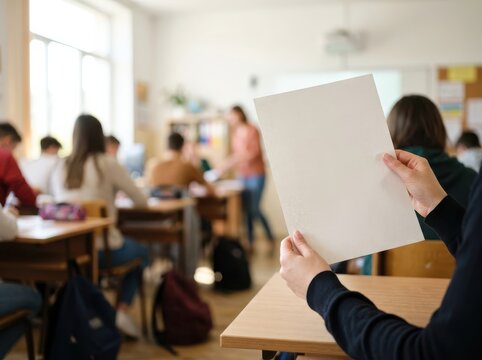 Close-up of a student's hands holding a blank white paper sheet at a desk in a classroom setting with blurred students and teacher in the background, mockup for educational content.