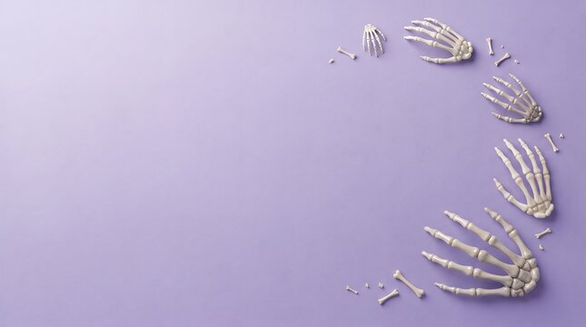 Top view of human skeleton hand bones arranged in a curved frame on purple background
