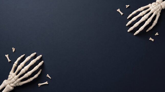 Two human skeleton hands placed in opposite corners on a dark black background with copy space