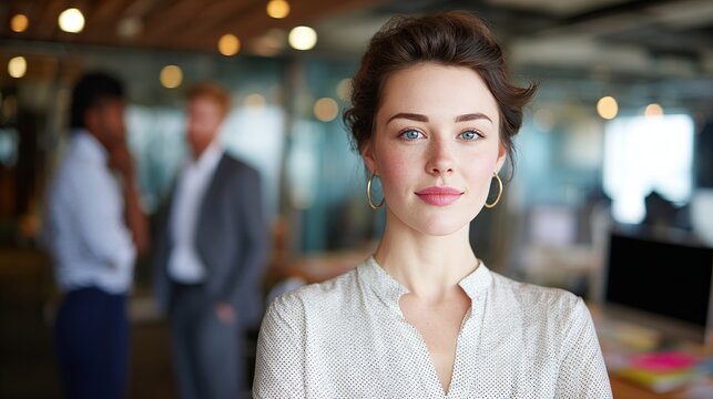 Confident businesswoman gazes directly forward within a modern office setting, exhibiting corporate success and professional style