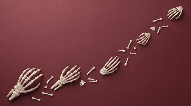 Top view of human hand skeleton bones arranged in a diagonal line on dark red background
