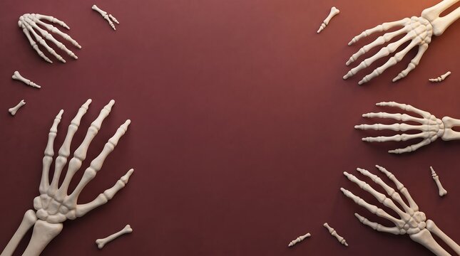 Top view of multiple human skeleton hands arranged on a dark red background with copy space