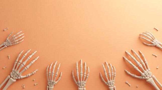 Multiple human skeleton hands arranged on a solid orange background for a halloween themed design