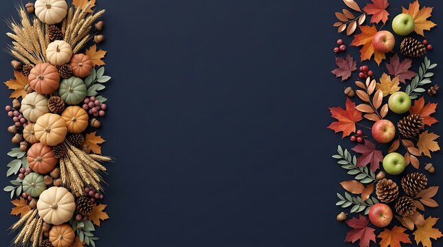 Autumn harvest side border frame with pumpkins, apples, pinecones, wheat, and fall leaves on a dark blue background
