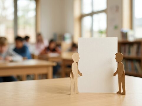 Close up side view mockup of two paper human figures holding a blank white vertical card on a wooden desk in a blurred school classroom setting with students in background.