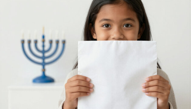 Smiling young girl holding blank white paper with a blurred menorah