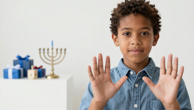 Boy holding up hands near Hanukkah gifts and menorah indoors