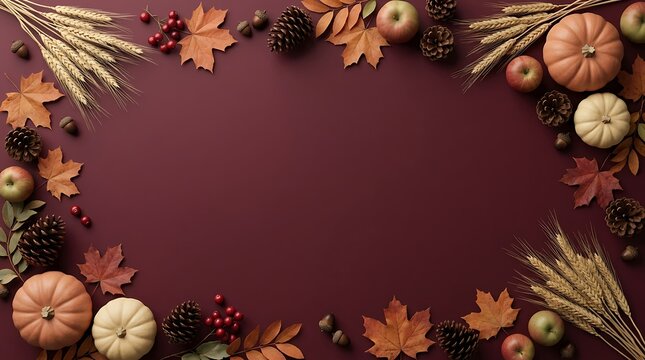 Autumn frame with pumpkins, apples, pinecones, and fall leaves on a dark burgundy background