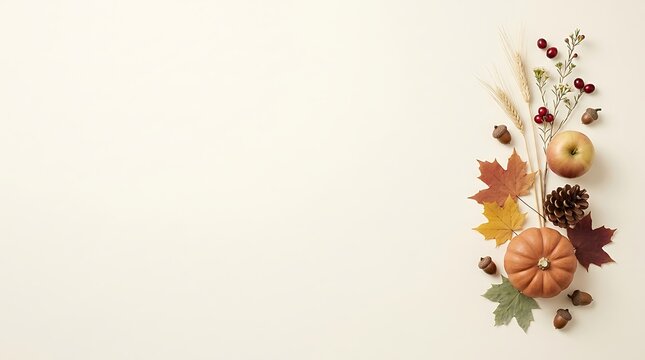 Autumn flat lay composition with pumpkin, maple leaves, pine cone, and apple isolated on white background