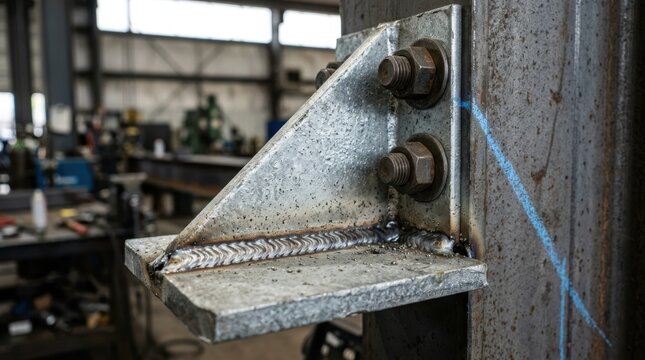 Weld bead on galvanized steel gusset plate with hex bolts and blue chalk line
