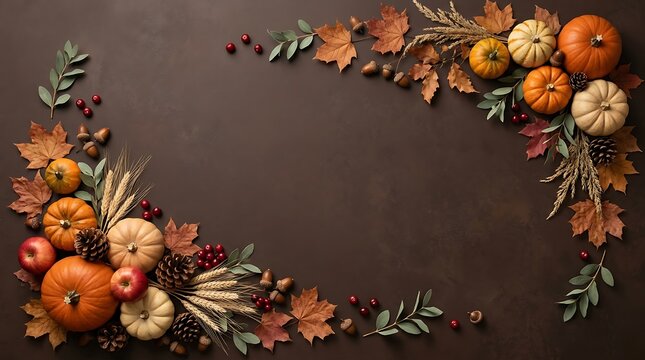 Autumn frame with pumpkins, leaves, pine cones, and berries on a dark brown textured background