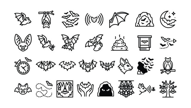 Collection of black line illustration icons featuring bats and Halloween related symbols on transparent background