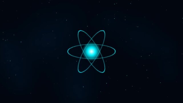 Glowing atomic structure symbol on dark background.
