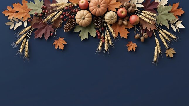 Autumn harvest top border with pumpkins, apples, pinecones, wheat, and fall leaves on a dark blue background