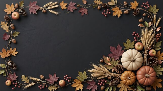 Autumn harvest border with pumpkins, apples, pinecones, wheat, and fall leaves on a black background