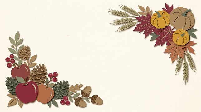 Paper craft autumn harvest corner frame with pumpkins, apples, pinecones, and leaves isolated on white background, flat lay top view with copy space