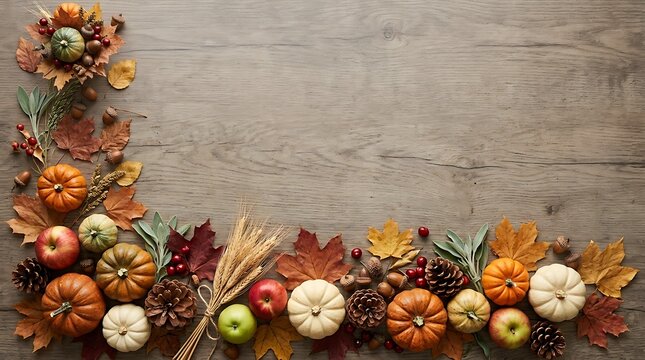 Autumn harvest composition with pumpkins, apples, pinecones, and fall leaves on a rustic wooden background, flat lay top view with copy space for seasonal greeting text