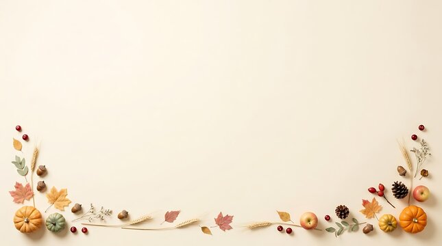 Autumn harvest composition with pumpkins, leaves, pinecones, acorns, wheat, and apples on beige background