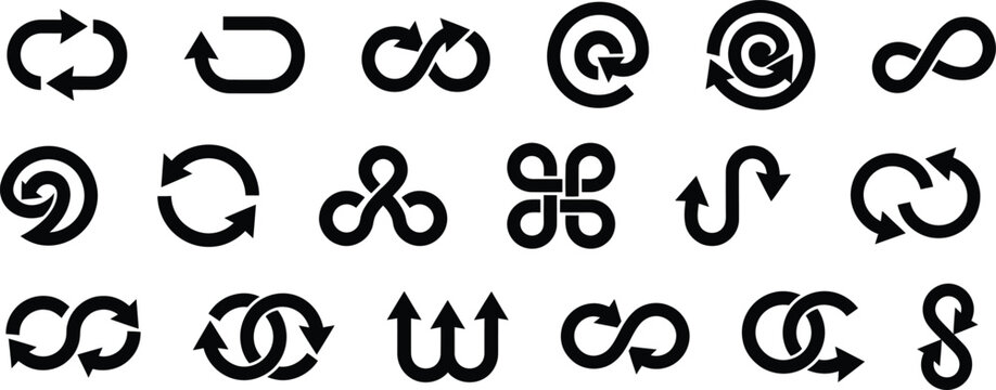 Collection of black circular arrow symbols and infinity signs on a white background