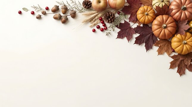 Autumn harvest composition with pumpkins, apples, pinecones, acorns, and berries on a light background