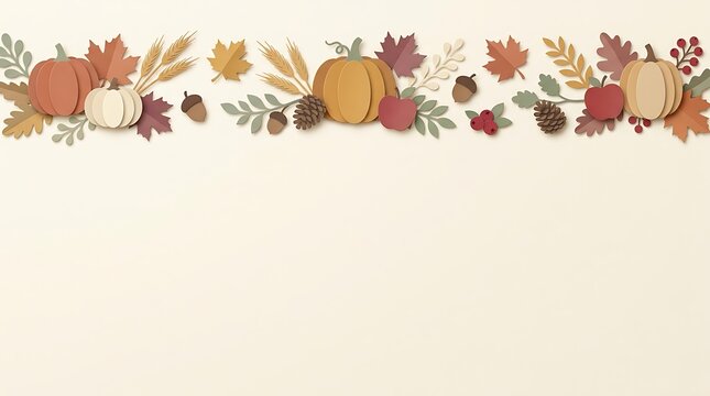 Autumn harvest border with paper craft pumpkins, leaves, wheat, pinecones, and apples on a light cream background, flat lay design