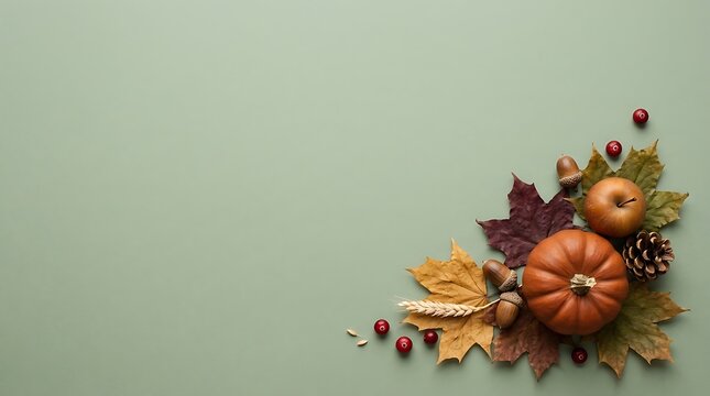 Autumn harvest arrangement with a pumpkin, apple, pinecone, wheat, and colorful leaves on a soft sage green background, top view with copy space
