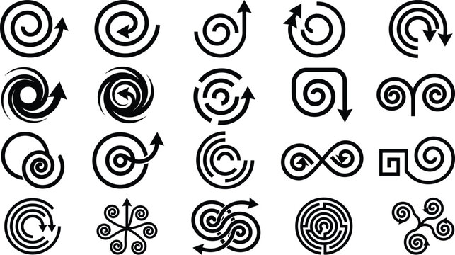 Collection of black spiral symbols and swirling shapes on a white background