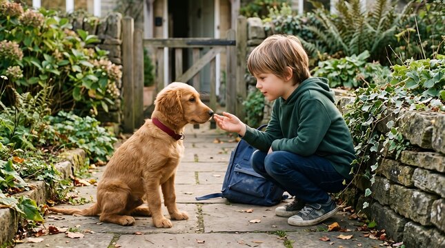 Child Hesitantly Reaching Toward a Friendly Puppy &ndash; First Encounter, Trust and Childhood Curiosity