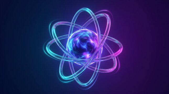Stylized glowing atom with vibrant nucleus and luminous orbital paths, cyan and magenta loops against dark background, symbolizing energy, physics, and chemistry.