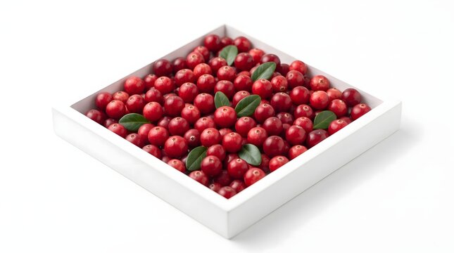 Fresh red cranberries arranged neatly inside a clean square wooden white box captured from an elevated angle with soft lighting