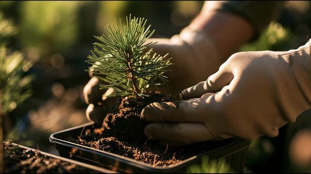 A gardener in a tree nursery carefully plants a young pine sapling into the soil ahead of Christmas. Video about gardening, growing conifer trees and outdoor planting of saplings in rows.